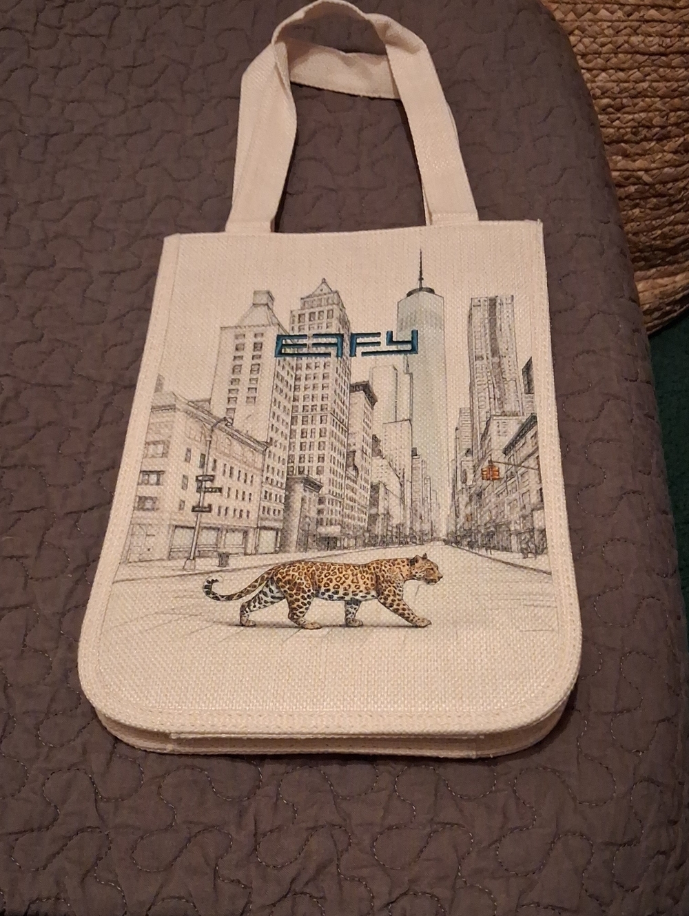 Effy Canvas Tote with New York Cityscape & Leopard Print